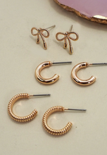 Load image into Gallery viewer, Mini Bow Huggie Hoop Trio