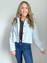 Load image into Gallery viewer, Rachel Cropped Fit Plaid Button Down Jacket- Light Blue
