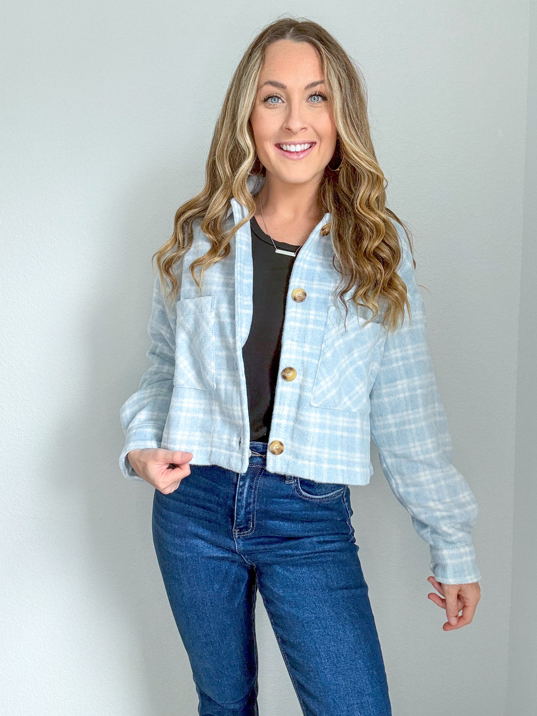 Rachel Cropped Fit Plaid Button Down Jacket- Light Blue