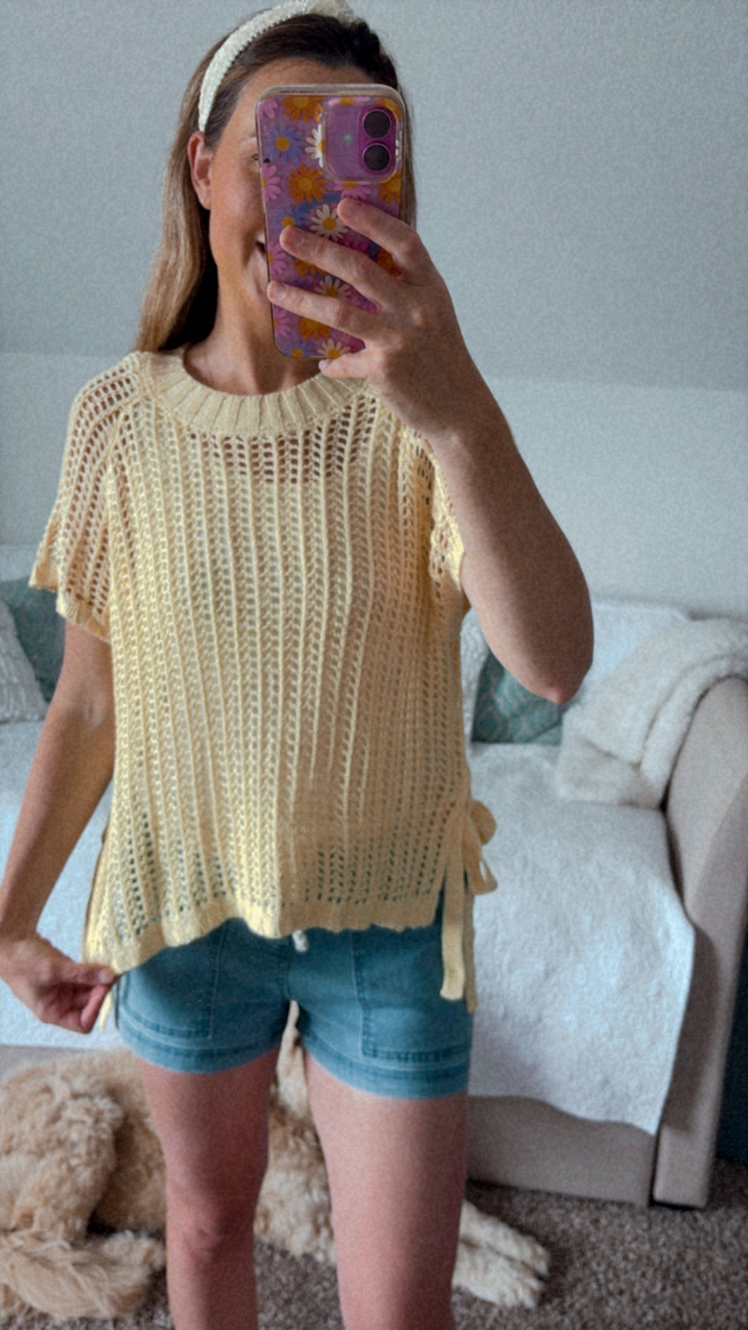 Beachin Crochet Side Tie Short Sleeve Sweater