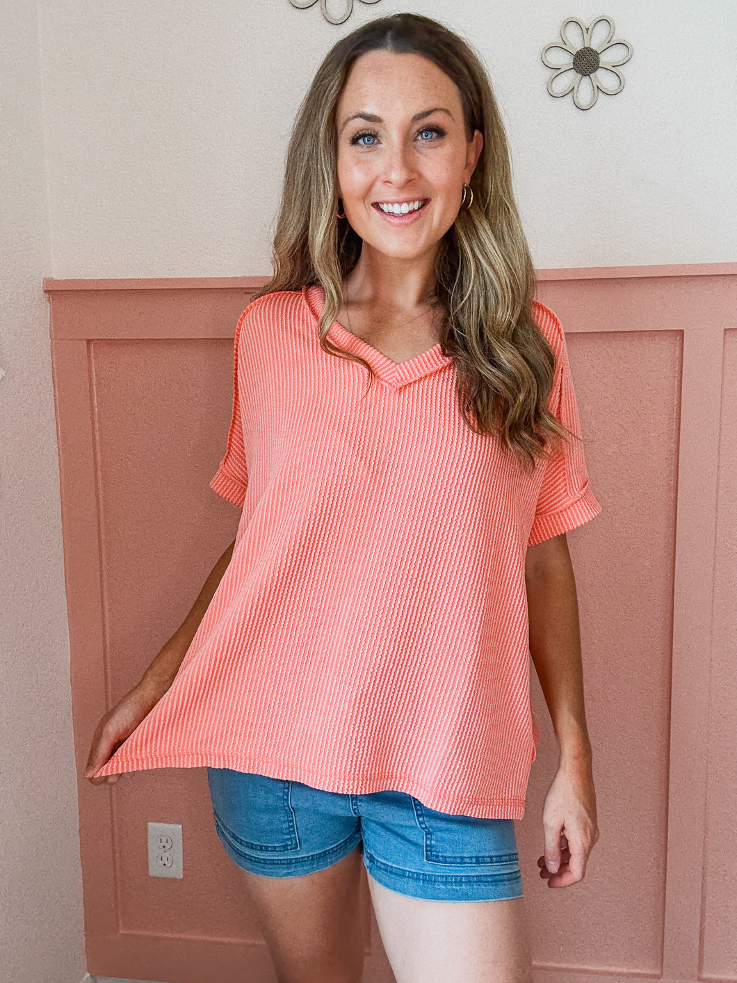 Corded Rib Short Sleeve- Coral