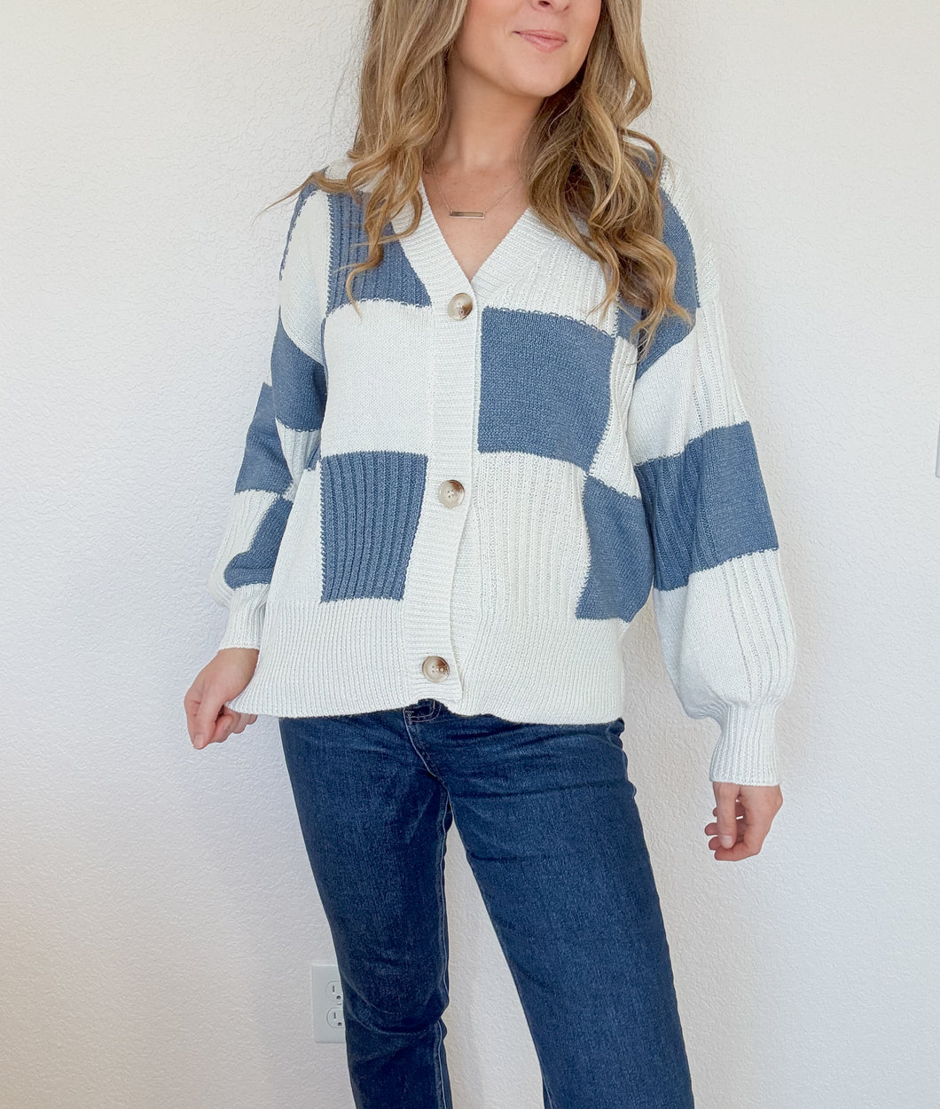 Lane Checkered Front Button Cardigan