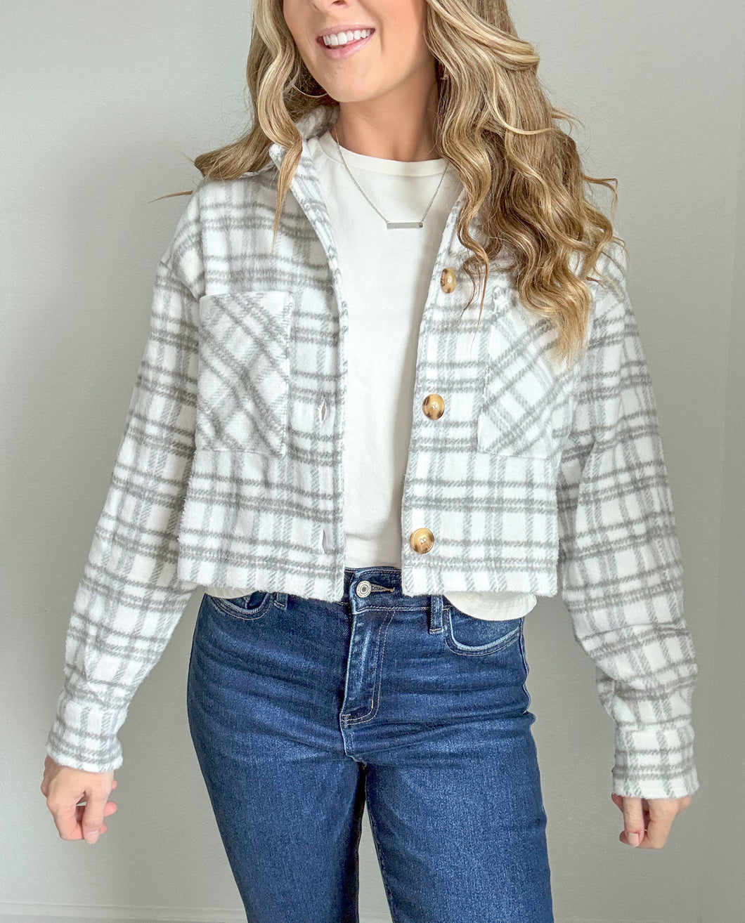 Rachel Cropped Fit Plaid Button Down Jacket- Grey