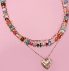 Multi Layered Beaded Heart Charm Necklace